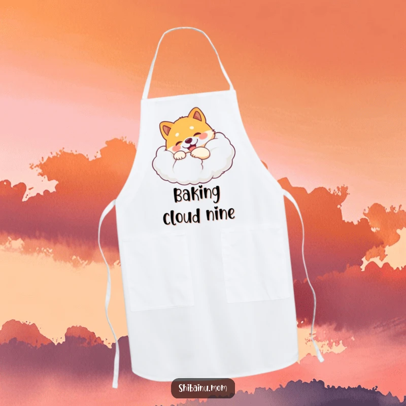 Funny Shiba Inu apron showing a joyful dog hugging a giant, fluffy cloud while cooking with delight.
