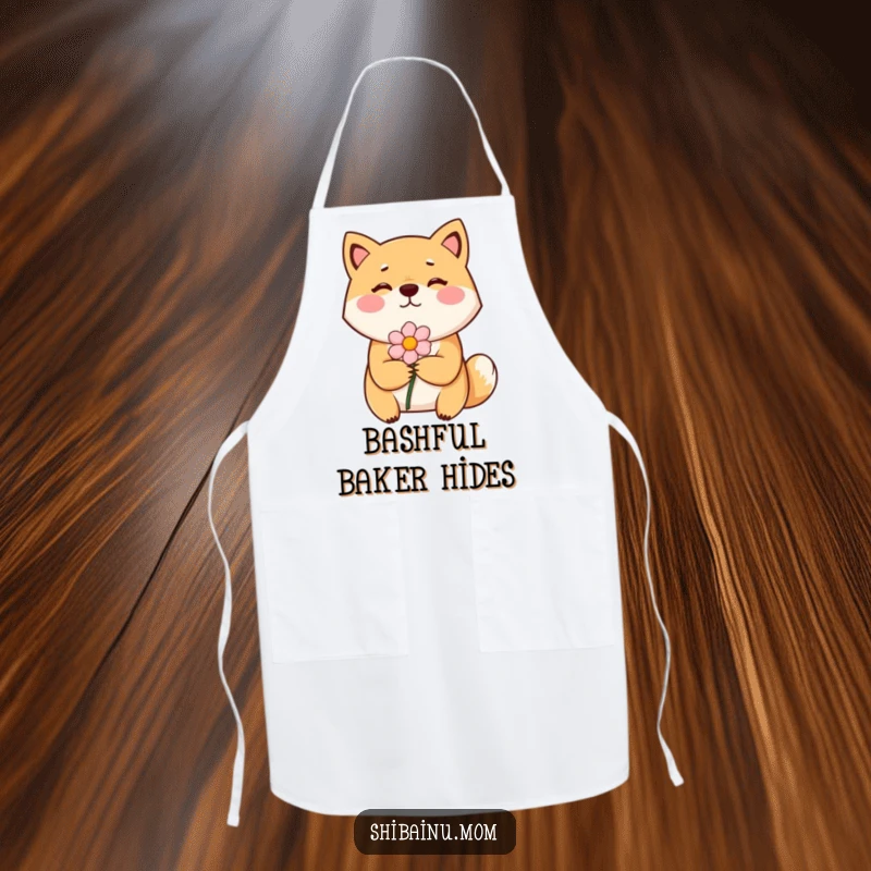Funny Shiba Inu apron depicting a bashful dog with rosy cheeks handing over a flower, ideal for a sweet chef.