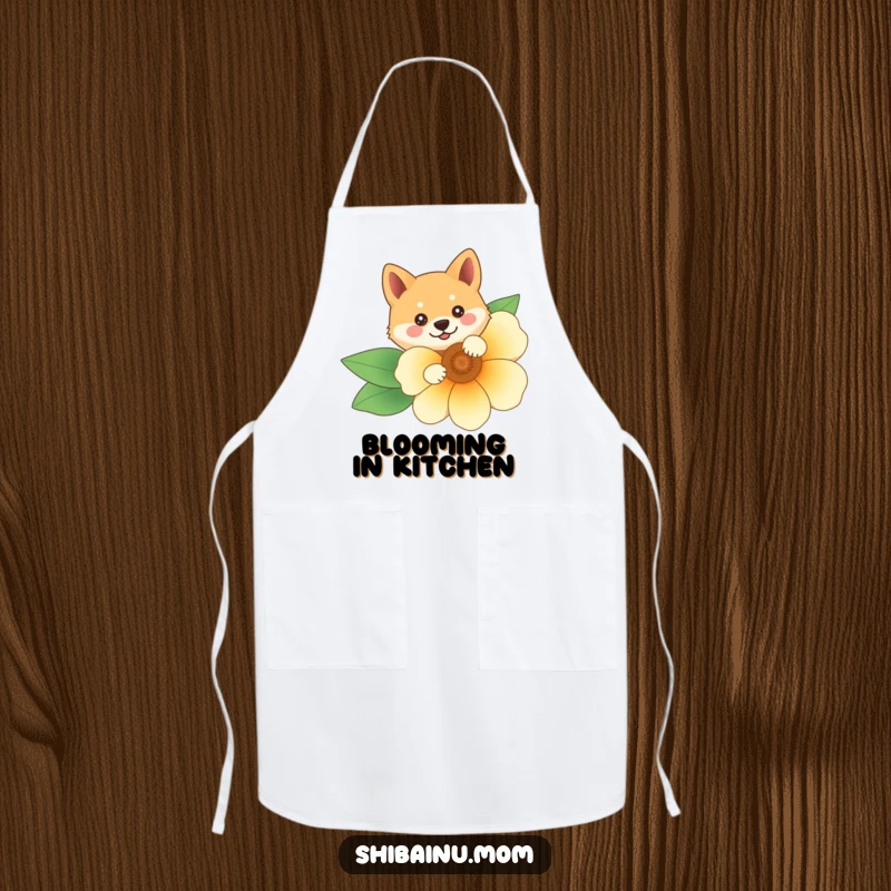 Funny Shiba Inu apron featuring the character peeking from behind a bright flower, perfect for kitchen fun and dog lovers.