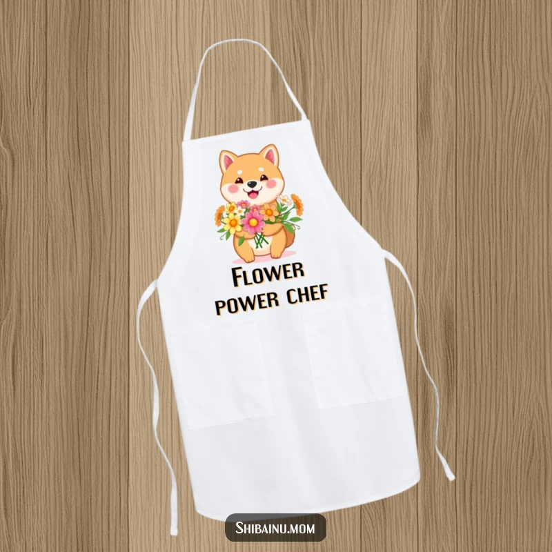 Funny Kawaii Shiba Inu apron featuring a happy dog holding a bouquet of cheerful flowers. Cute and practical, a great funny gift for chefs.