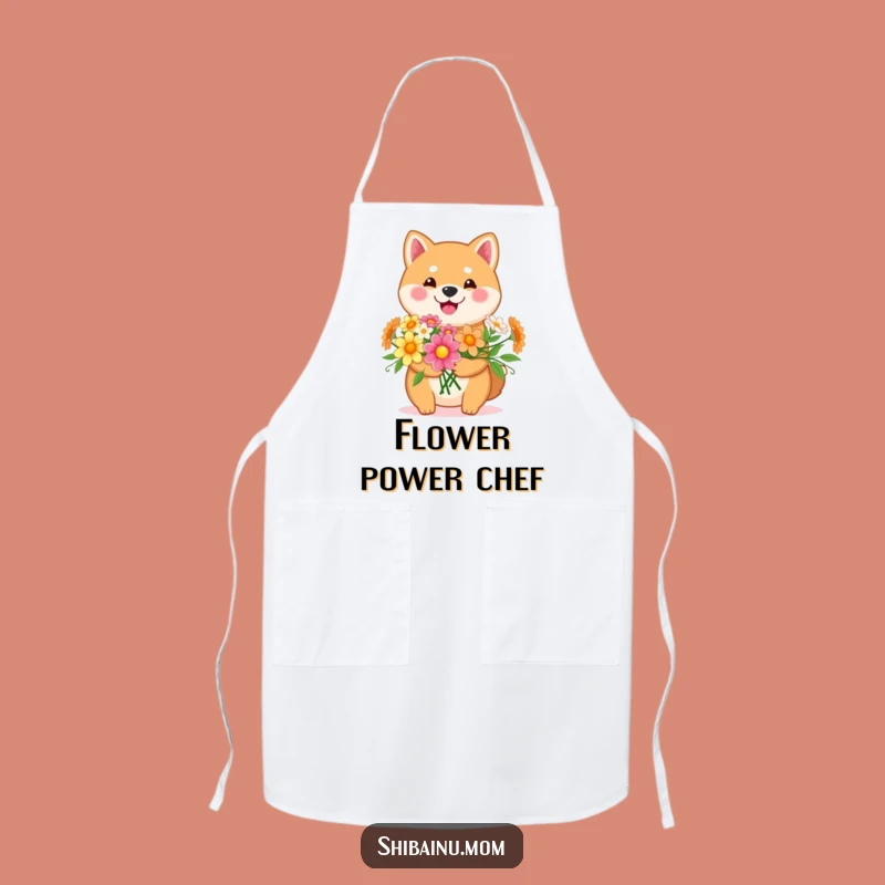 Funny Kawaii Shiba Inu Flower Apron: Happy Pup with Bouquet for Cooking!