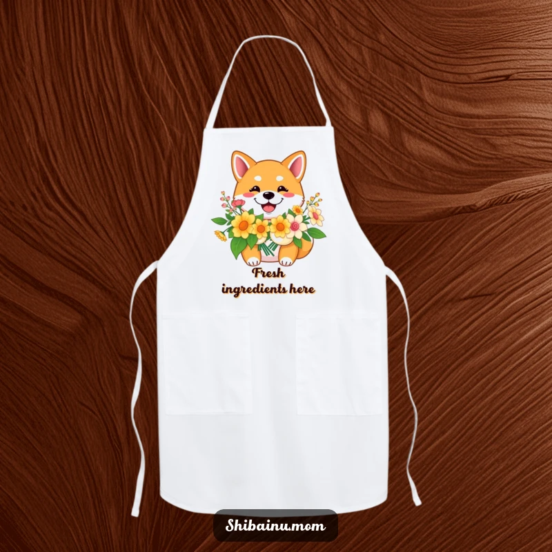 Funny Shiba Inu apron, a smiling dog holds flowers, bringing cheerful vibes and happy energy to cooking.