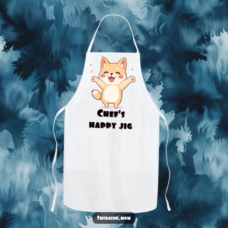 Funny Shibainu apron depicting a dog doing a happy dance with paws in the air, perfect for a joyful cook.
