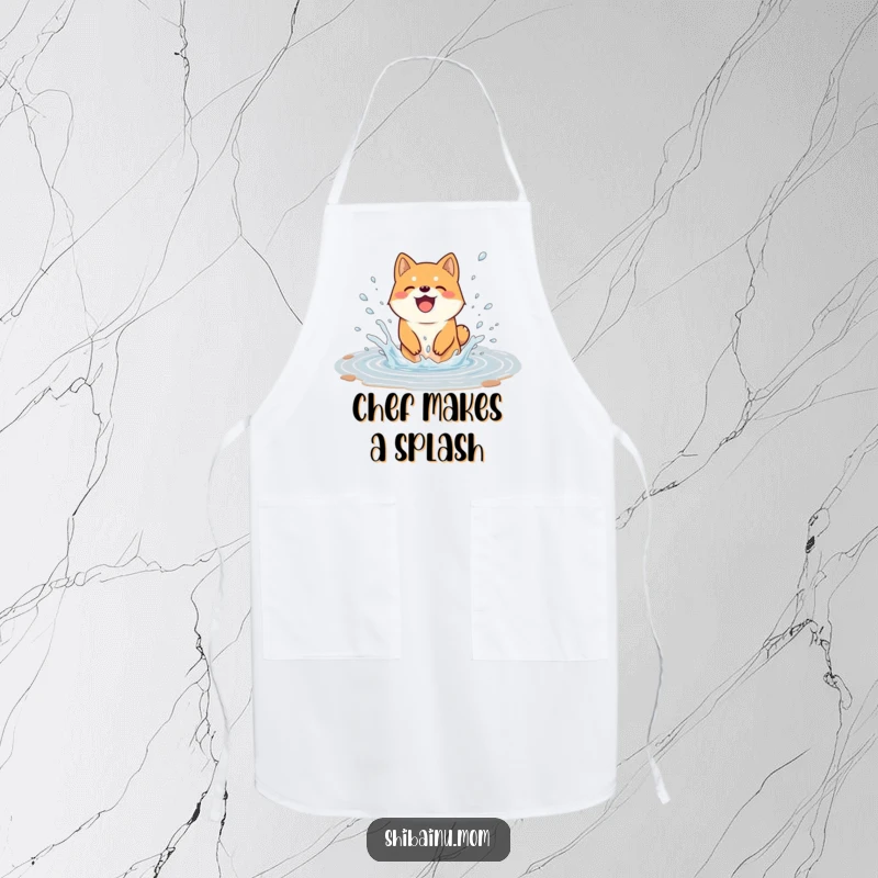 Funny apron designed with a Shiba Inu dog joyfully splashing in a puddle, water droplets flying, perfect for kitchen fun and playful chefs.