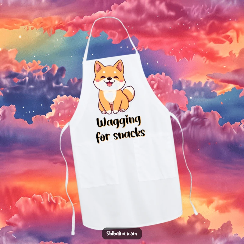 Funny kawaii Shiba Inu apron featuring big ears and a joyfully wiggling tail, designed for kitchen fun and dog-loving cooks.
