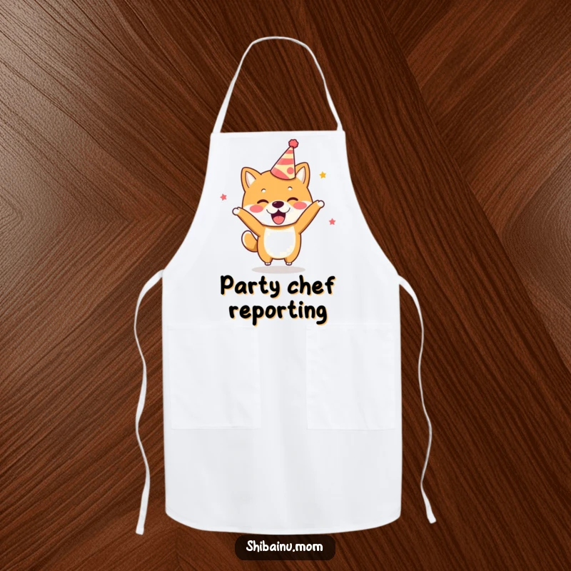 Funny Kawaii Shiba Inu Apron with a party hat, bouncing with excitement, great for kitchen parties.