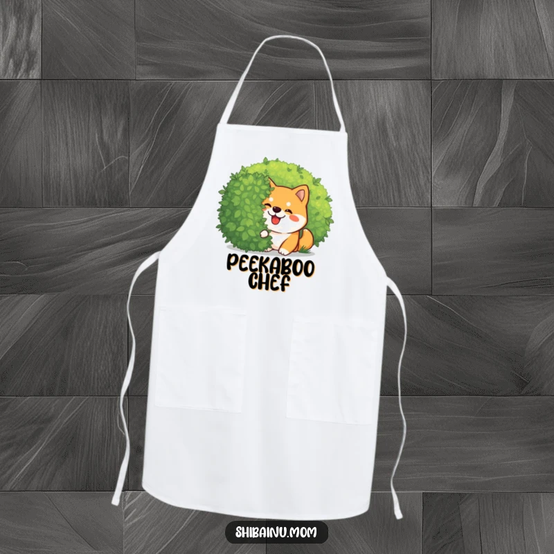 Funny Kawaii Shiba Inu apron featuring a giggling dog peeking playfully from behind a bush. Cute and practical for a fun cooking experience, a great funny gift.