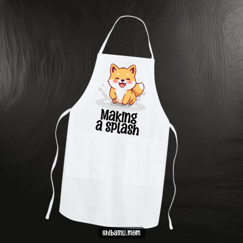 Funny Kawaii Shiba Inu apron showing a happy doggle splashing gleefully in a puddle, perfect for a jovial cook.