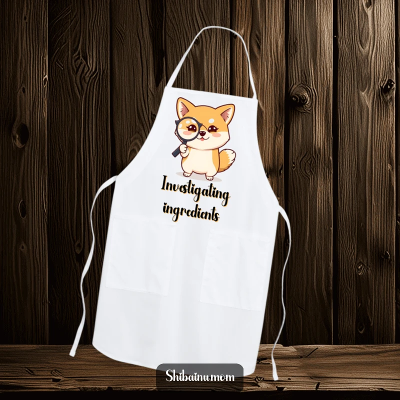 Funny Shiba Inu dog apron, showing a Shiba Inu with a magnifying glass and a mischievous look, perfect for kitchen investigations.