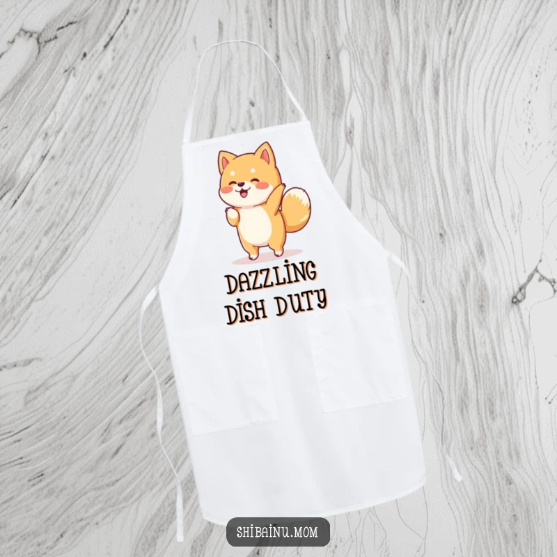 Funny Shiba Inu apron showing a dog dancing with sparkles, ideal for adding humor and magic to cooking and kitchen activities.