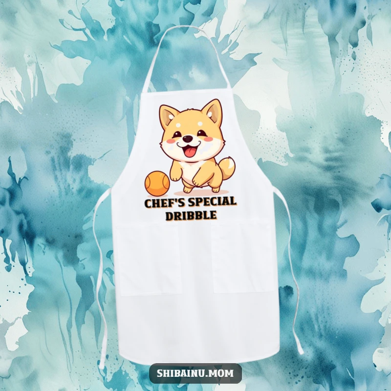 Funny Shiba Inu dribbling ball apron, a dog with floppy ears energetically plays with a ball, humorous kitchen protection.