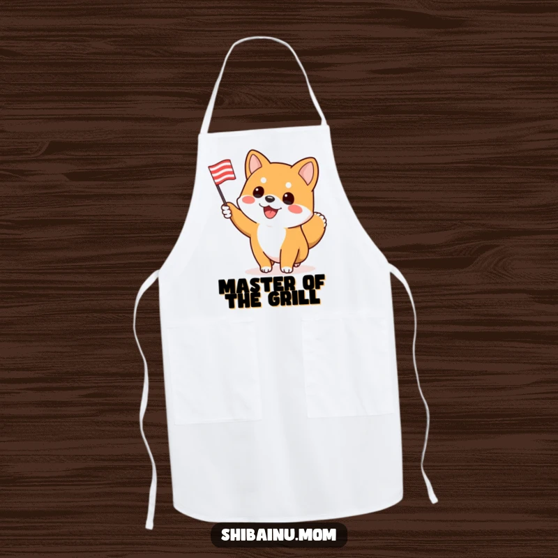 Funny Shiba Inu apron, an enthusiastic dog waves a flag, bringing energetic vibes to kitchen tasks.
