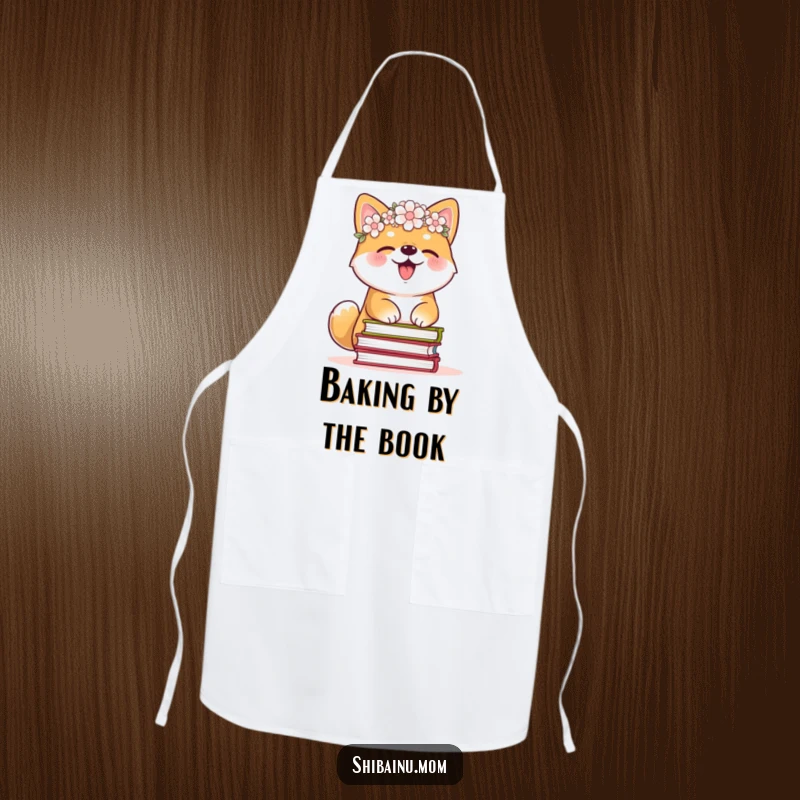 Funny Shiba Inu apron with a flower crown, giggling while balancing recipe books, practical kitchen wear with a humorous, cute design.