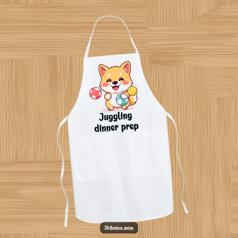 Funny Shiba Inu Apron: A happy Shiba Inu juggles colorful balls, adding a skillful and fun touch to kitchen wear.