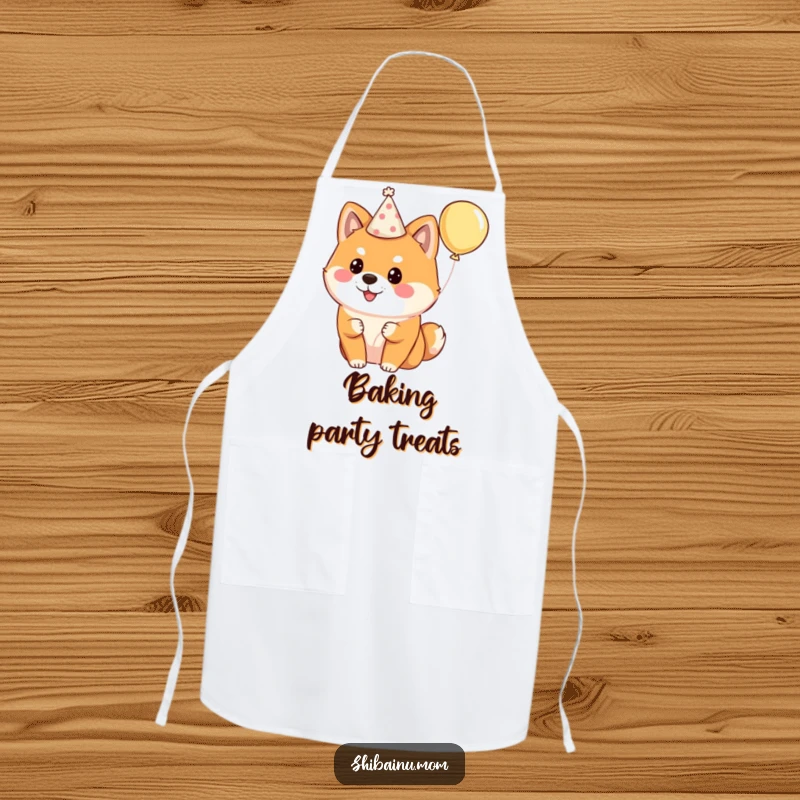 Funny Shiba Inu apron showing a fluffy dog wearing a party hat and holding a balloon, ideal for a festive host.