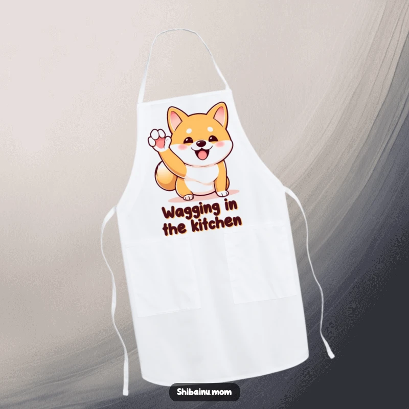 Funny Shiba Inu apron showing a dog excitedly waving and wagging its tail, ideal for adding humor to cooking.