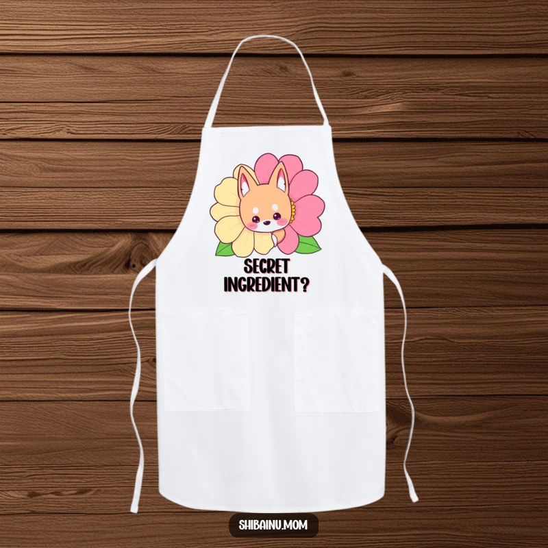 Funny Shibainu apron showing a dog peeking from behind a colorful flower, perfect for a playful cook.