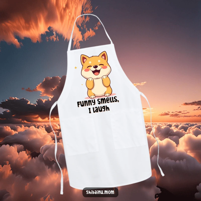 Funny Kawaii Shiba Inu Apron with paws up, laughing heartily, great for kitchen fun.