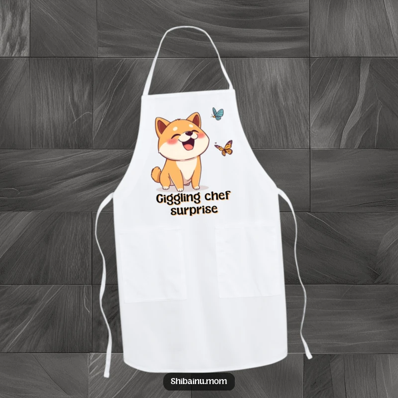 Funny apron designed with a surprised Shiba Inu dog giggling at a falling butterfly, perfect for whimsical kitchen activities and chuckles.