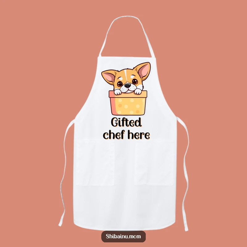 Funny Dog Apron: Curious Cook Peeking from Gift Box, Kitchen Humor