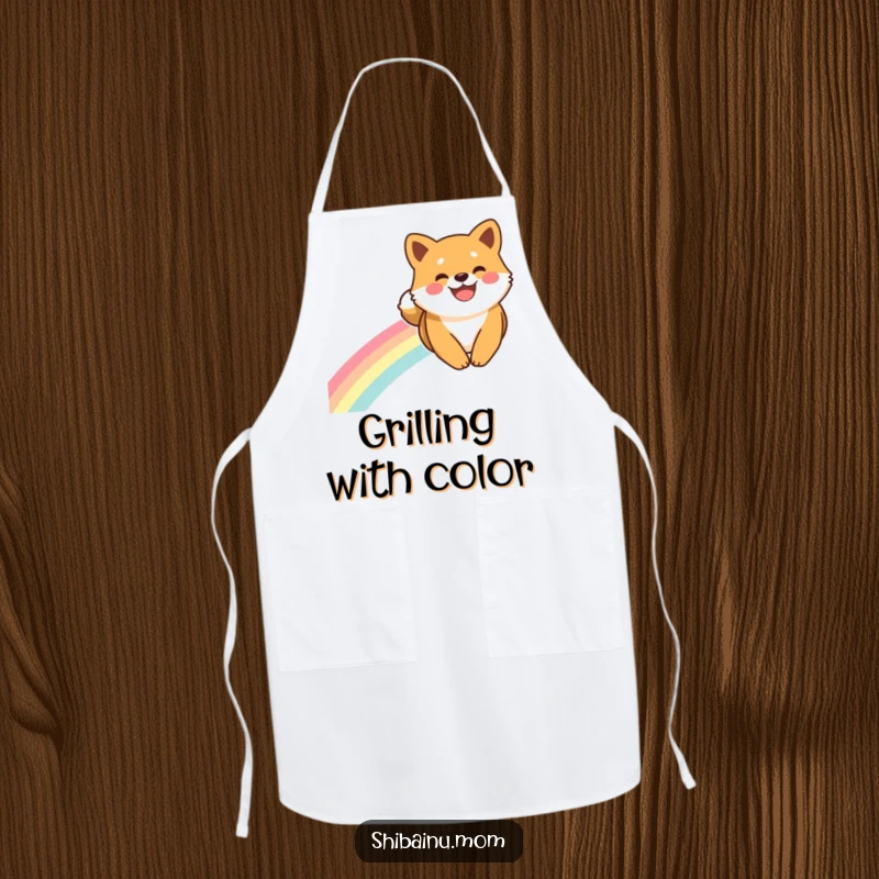 Funny Shiba Inu Apron: A Shiba Inu with a wide smile slides down a rainbow, adding whimsical charm to kitchen wear.