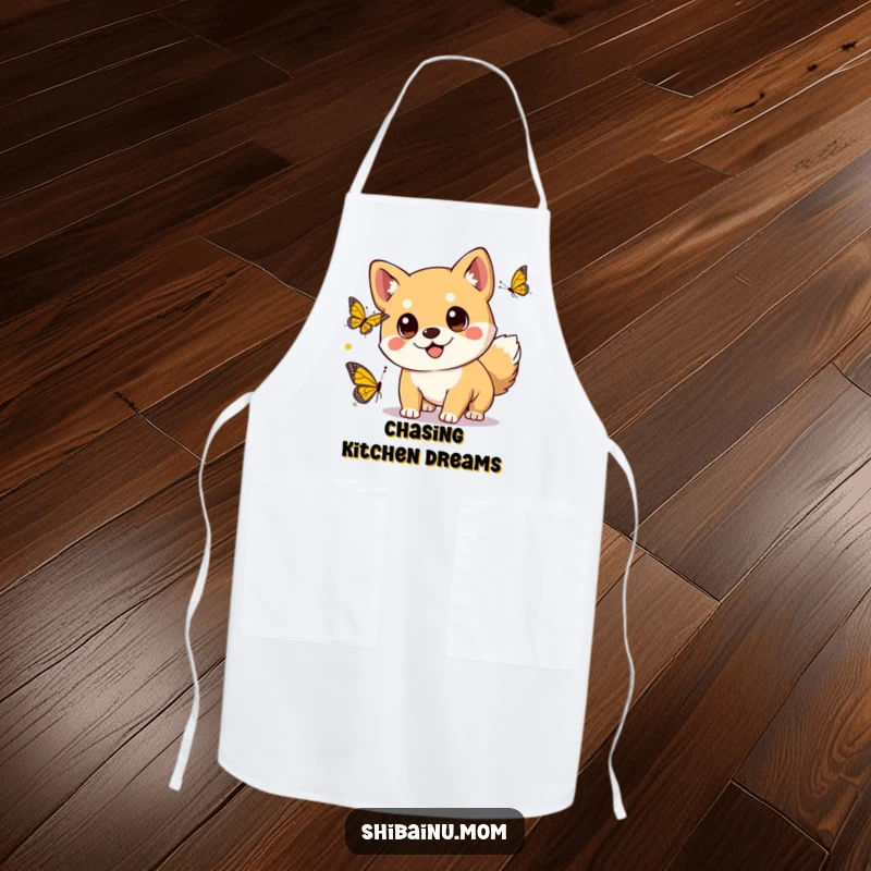 Funny kawaii Shiba Inu dog with big eyes chasing a butterfly, wearing an apron with a playful expression.