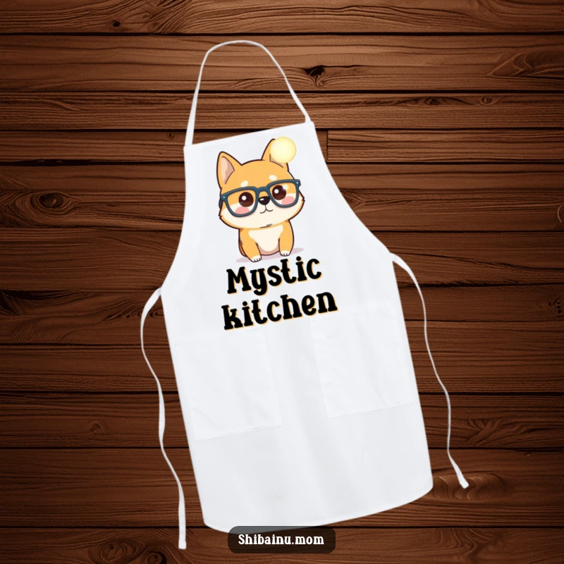 Funny Shiba Inu apron, oversized glasses, curious about a glowing orb, functional and humorous kitchen wear, a perfect funny gift.