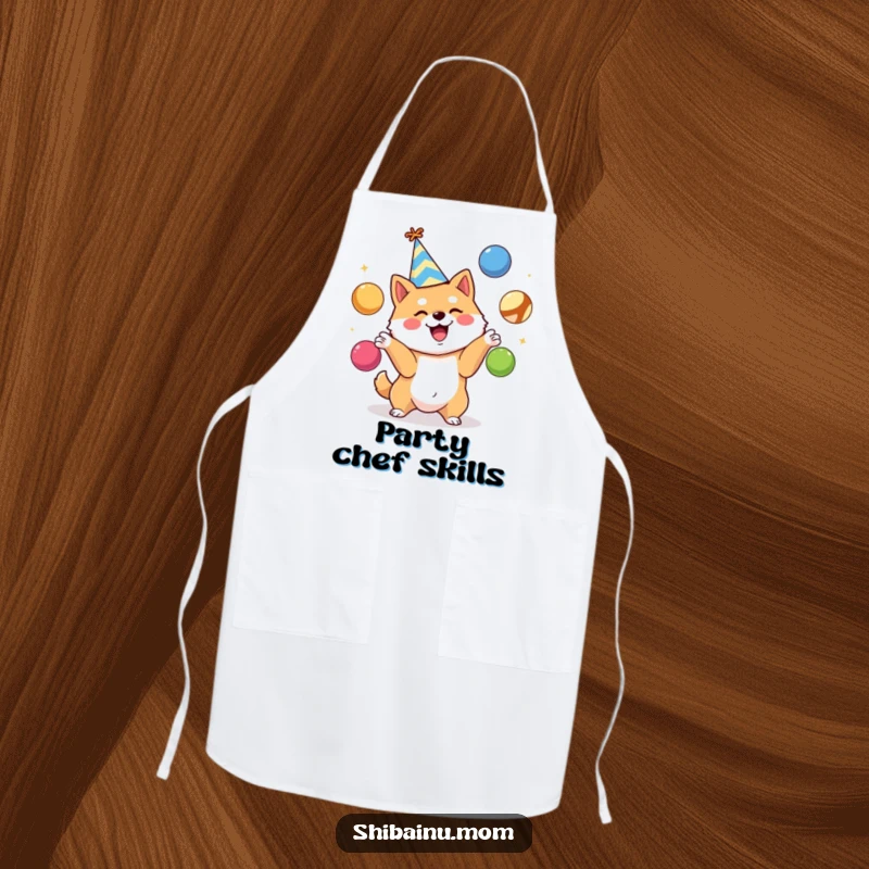 Funny Shiba Inu apron, party hat, excitedly juggling colorful balls, functional and festive kitchen wear, a perfect funny gift.