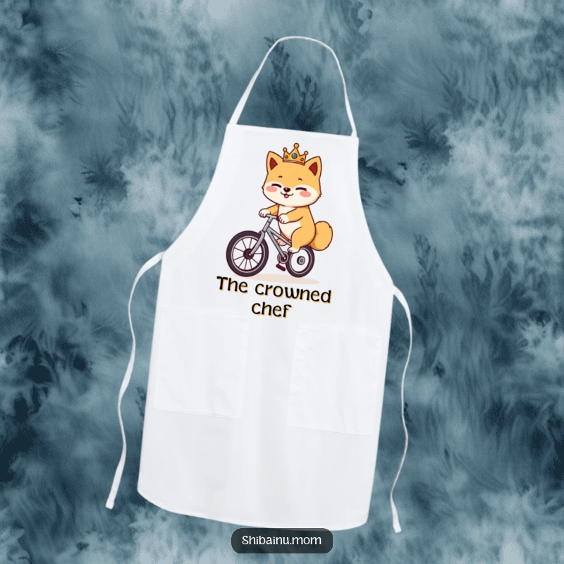 Funny Shiba Inu unicycle apron, a crowned dog winks while riding a unicycle, humorous and practical kitchen accessory.