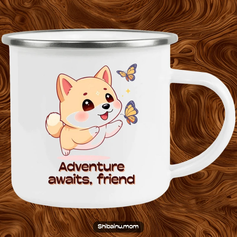 Funny Shiba Inu chef camping mug with a chef hat, mid-pancake flip, bringing culinary joy to outdoor adventures.