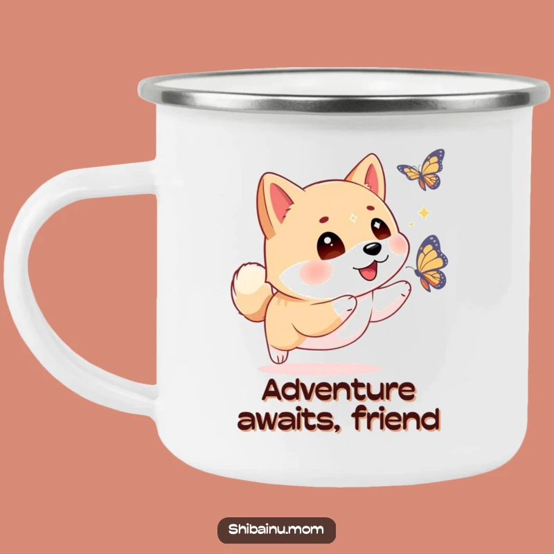 Funny Shiba Inu Butterfly Camping Mug: Sparkling Eyes, Outdoor Chase
