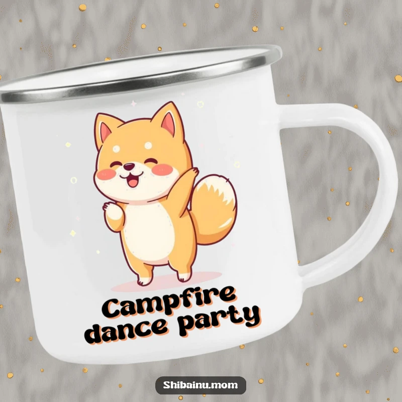 Funny Shiba Inu camping mug showing a dog dancing with sparkles, ideal for enjoying drinks outdoors with a touch of magic.