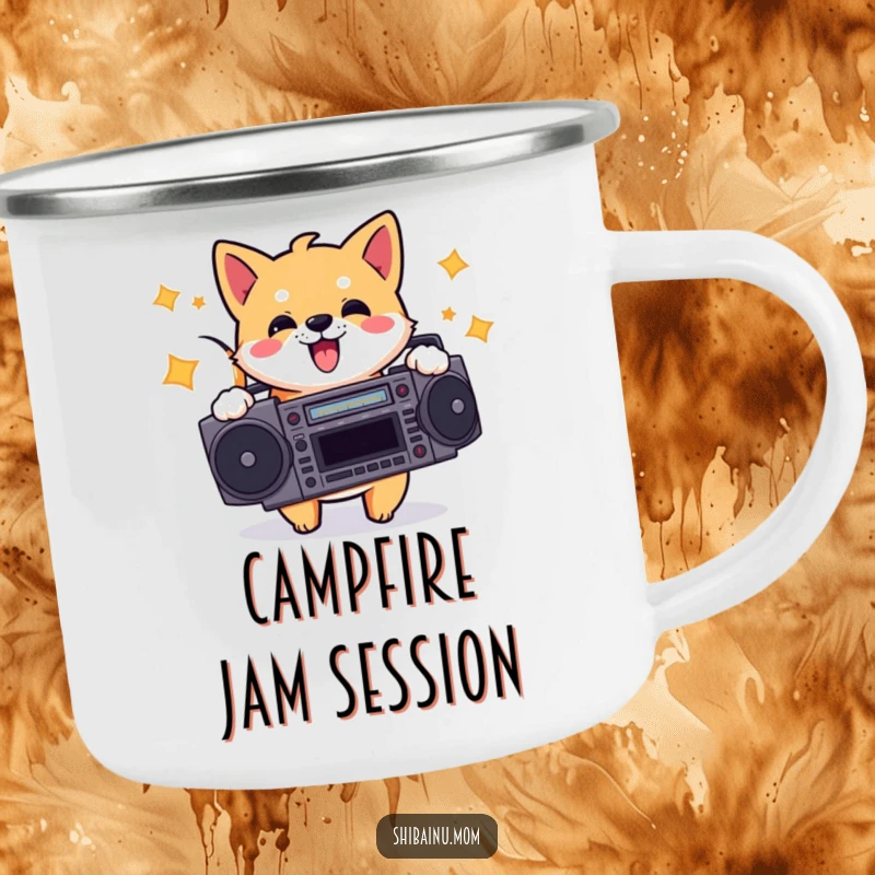 Funny camping mug with an energetic Shiba Inu holding a boombox, designed for durability and bringing a groovy, humorous spirit to outdoor activities.