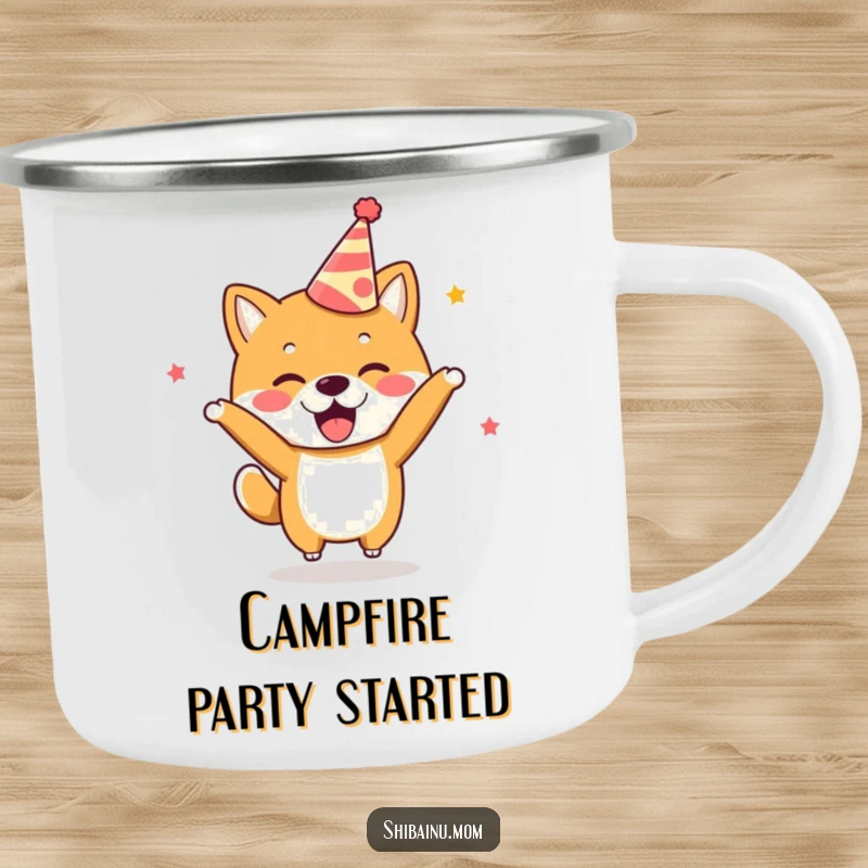 Funny Kawaii Shiba Inu Camping Mug wearing a party hat, bouncing with excitement, for outdoor parties.