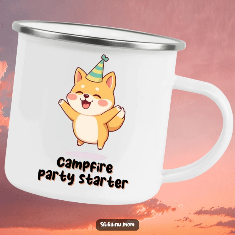 Funny Shiba Inu Camping Mug: A Shiba Inu in a party hat jumps joyfully, ready for outdoor celebrations.