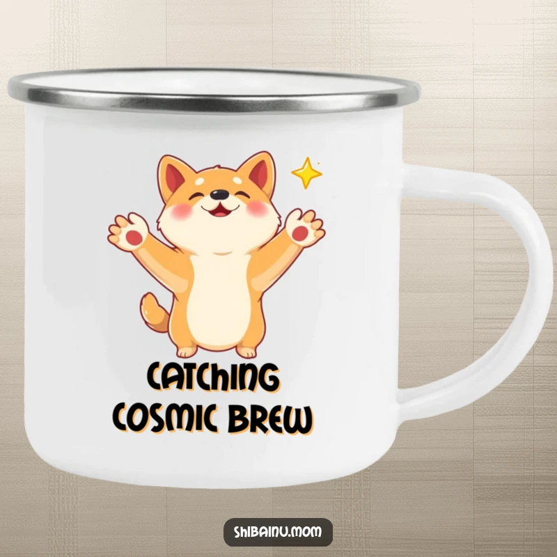 Funny Shiba Inu camping mug with paws outstretched, reaching for a falling star, bringing outdoor magic and hopeful dreams.