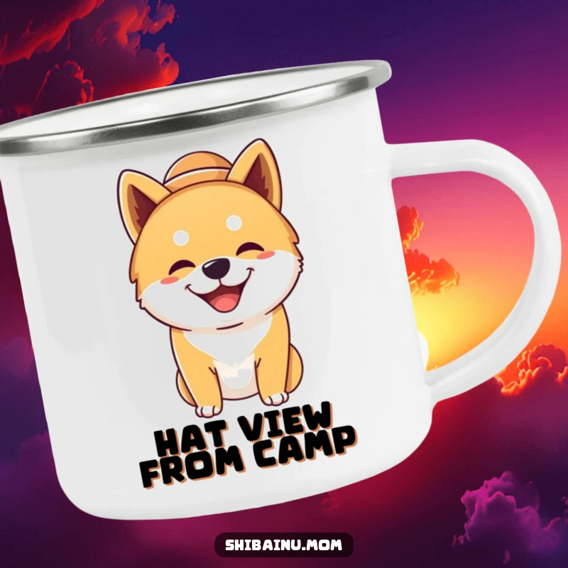 Funny silly Shiba Inu dog camping mug, wearing a large hat, grinning widely, depicting a humorous and happy dog for outdoor use.