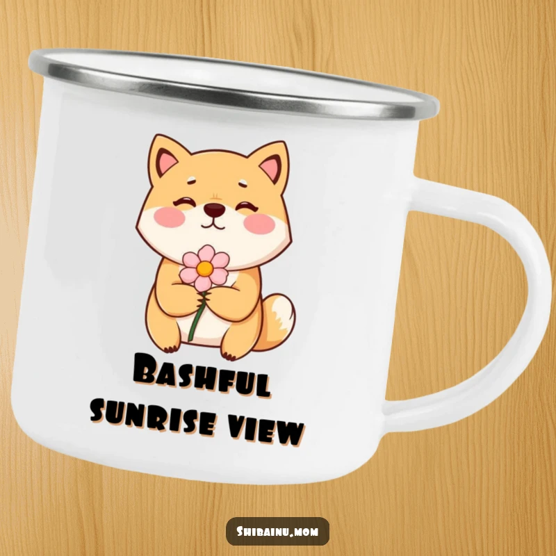 Funny Shiba Inu camping mug showing a bashful dog offering a flower, perfect for a tender outdoor moment.