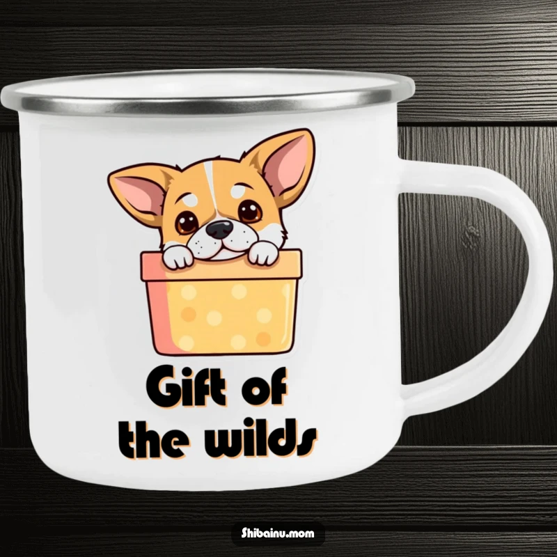 Funny Dog Camping Mug: A curious puppy peeking from a gift box, ready for campfire stories and morning coffee.