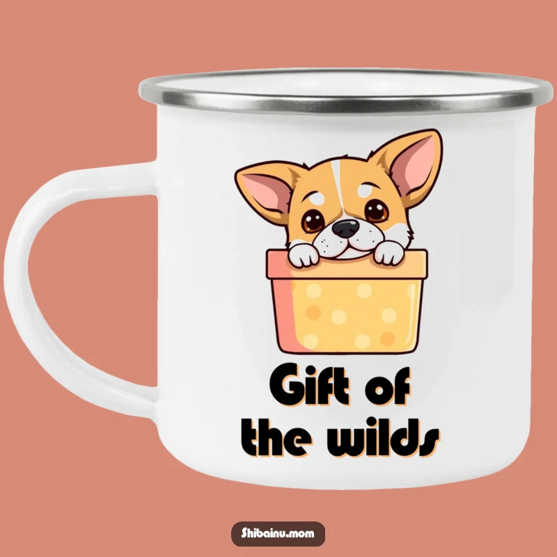 Funny Dog Camping Mug: Curious Pup Peeking from Gift Box, Adventure Ready
