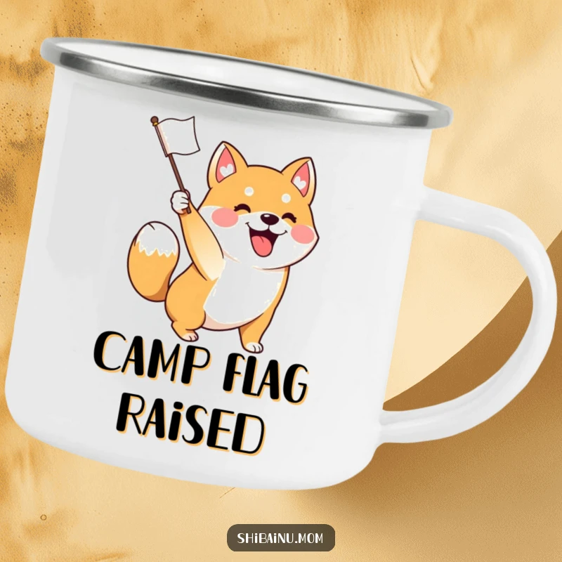Funny camping mug with an excited Shiba Inu dog waving a flag, tail wagging, perfect for outdoor use and spreading festive cheer.