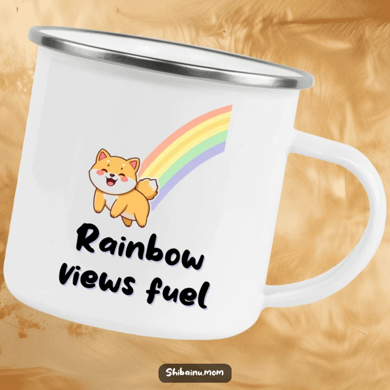 Funny Shiba Inu camping mug showing a dog gleefully sliding down a rainbow, perfect for a joyful outdoor experience.