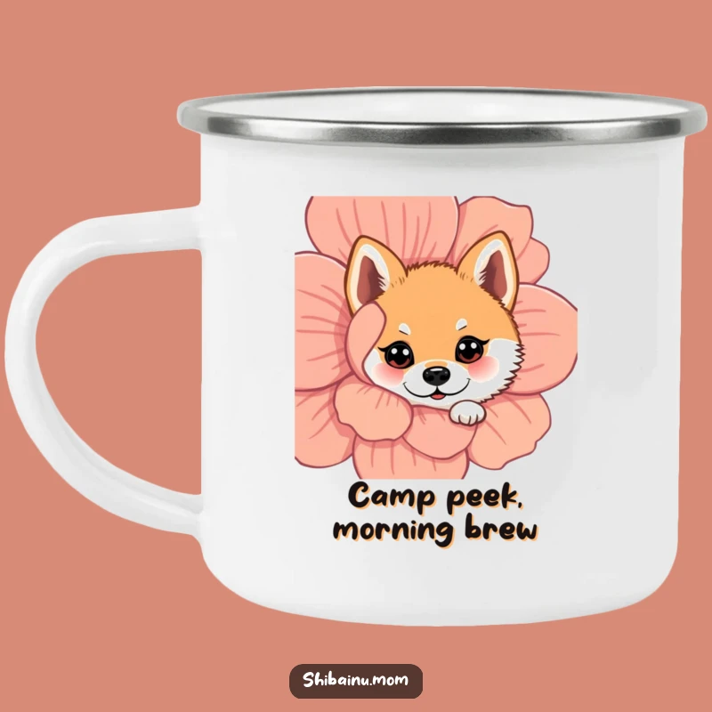 Funny Peeking Shiba Inu Camping Mug: Adventure with a Floral Surprise!