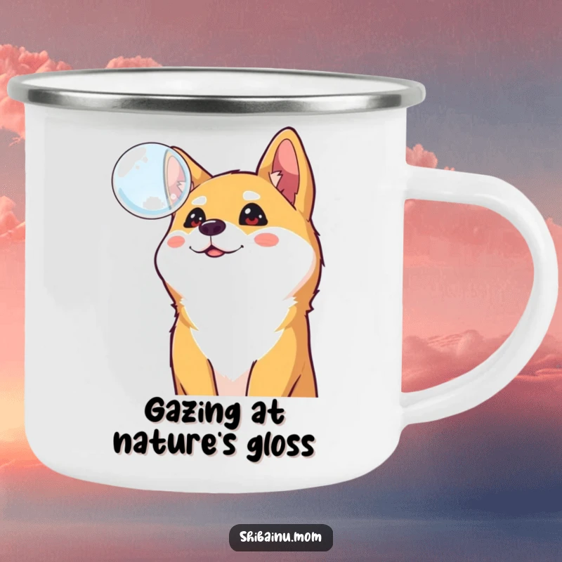 Funny Shiba Inu camping mug, a curious dog gazes at a floating bubble, embodying cheerful exploration and rugged fun.
