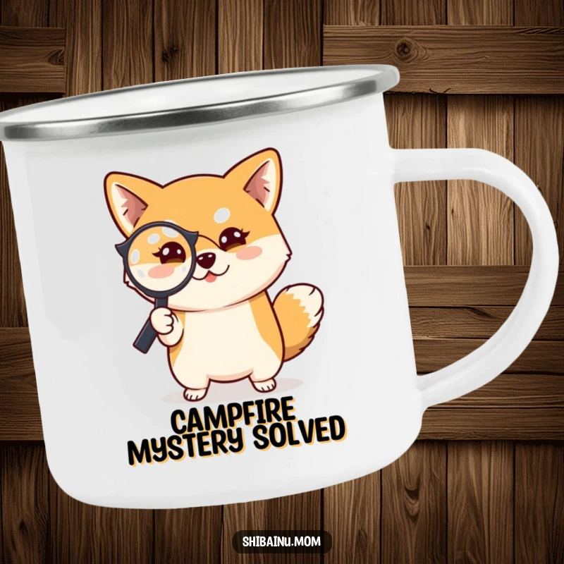 Funny Shiba Inu dog camping mug, depicting a Shiba Inu with a magnifying glass and a curious look, ideal for outdoor use.