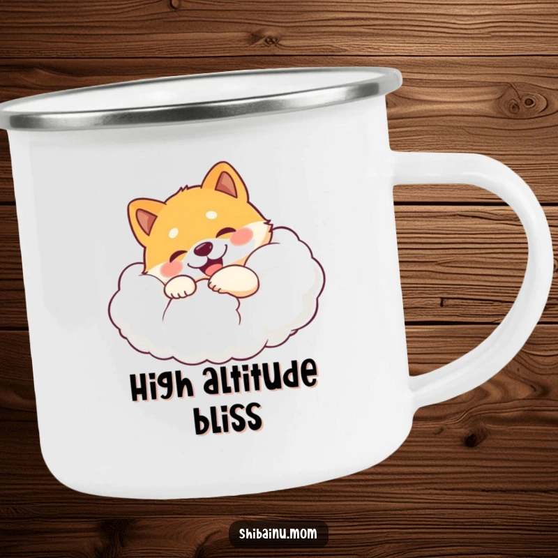 Funny Shiba Inu camping mug showing a happy dog hugging a giant, fluffy cloud with pure, delighted bliss.