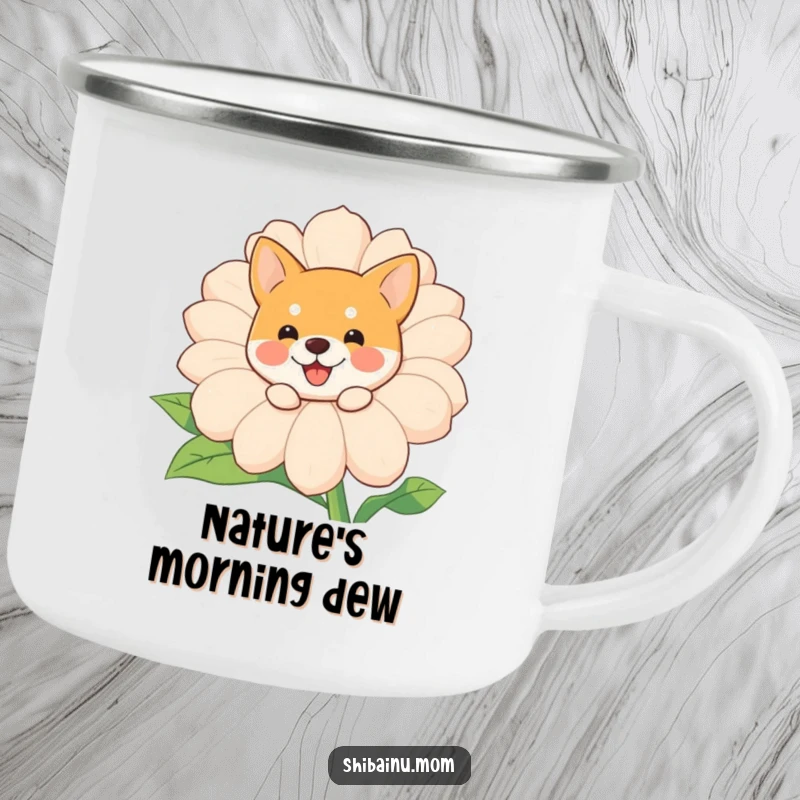 Funny Shiba Inu peeking camping mug, cute dog peeks from a giant smiling flower, durable and humorous outdoor drinkware.