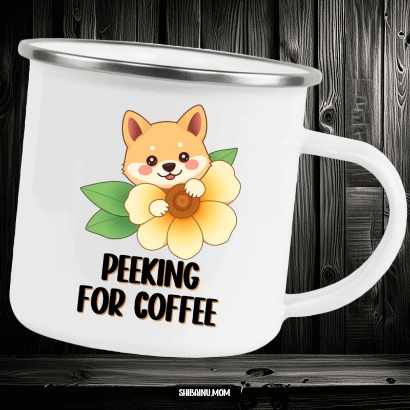 Funny Shiba Inu camping mug with the character peeking from behind a flower, bringing outdoor charm and a playful surprise.