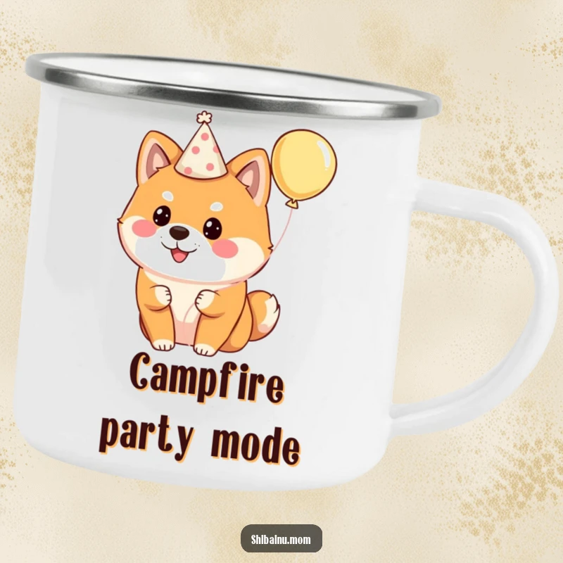 Funny Shiba Inu camping mug depicting a fluffy dog wearing a party hat and holding a balloon, ready for outdoor celebrations.