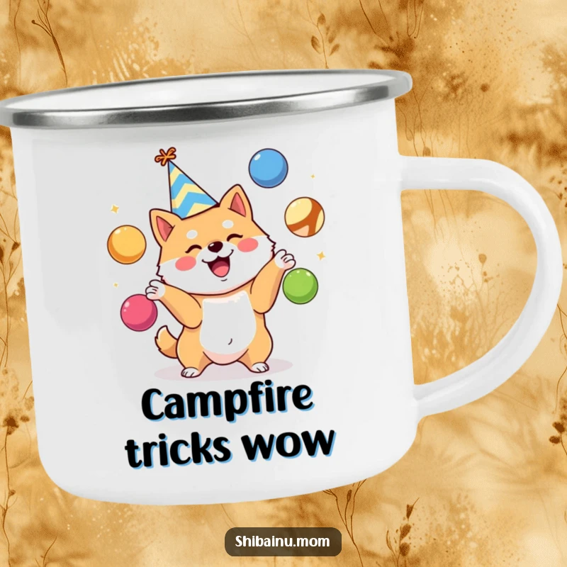 Funny Shiba Inu camping mug, party hat, enthusiastically juggling colorful balls, durable and humorous for outdoor celebrations, a perfect funny gift.